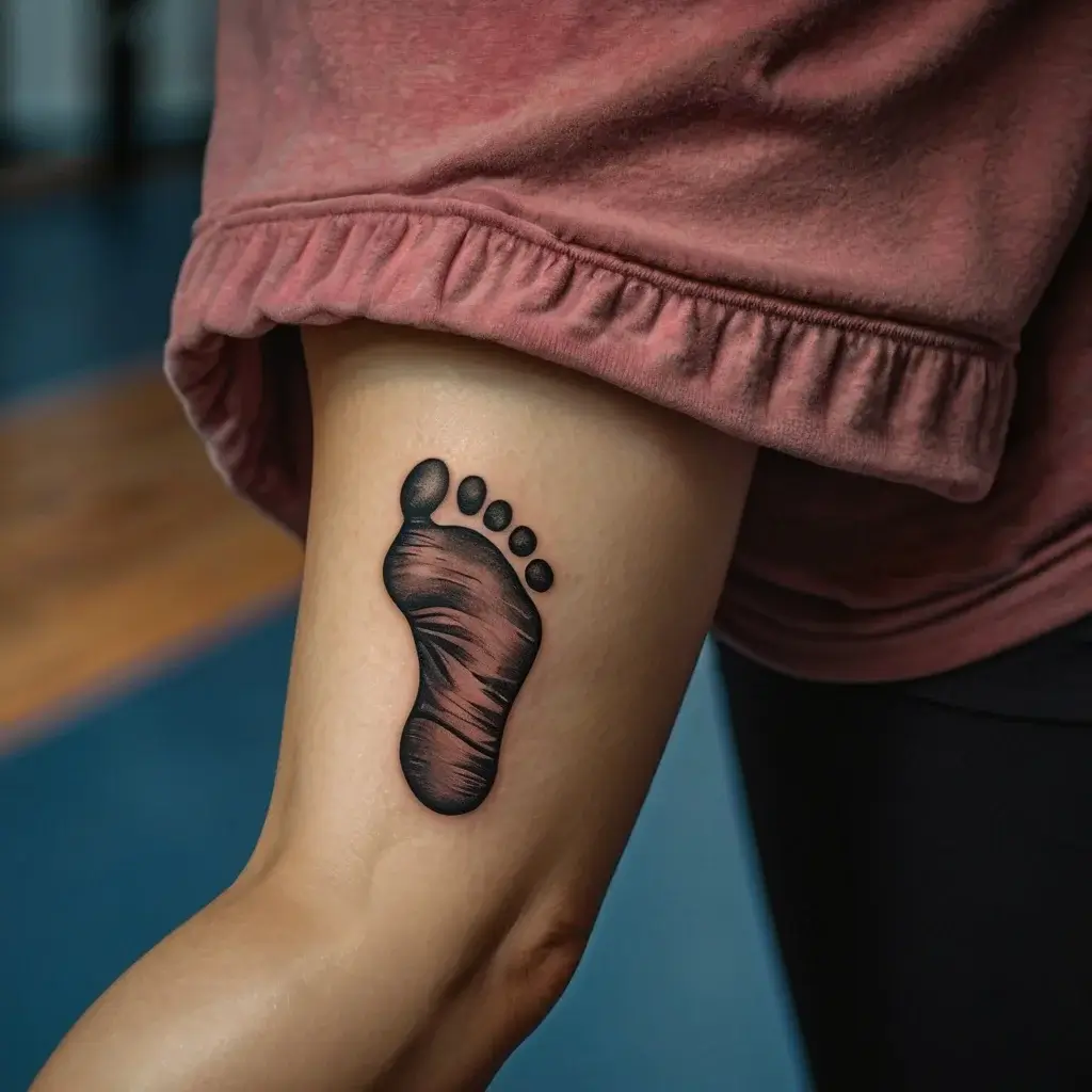 Tattoo of a realistic baby footprint on the arm, featuring detailed shading and texture for a lifelike appearance.