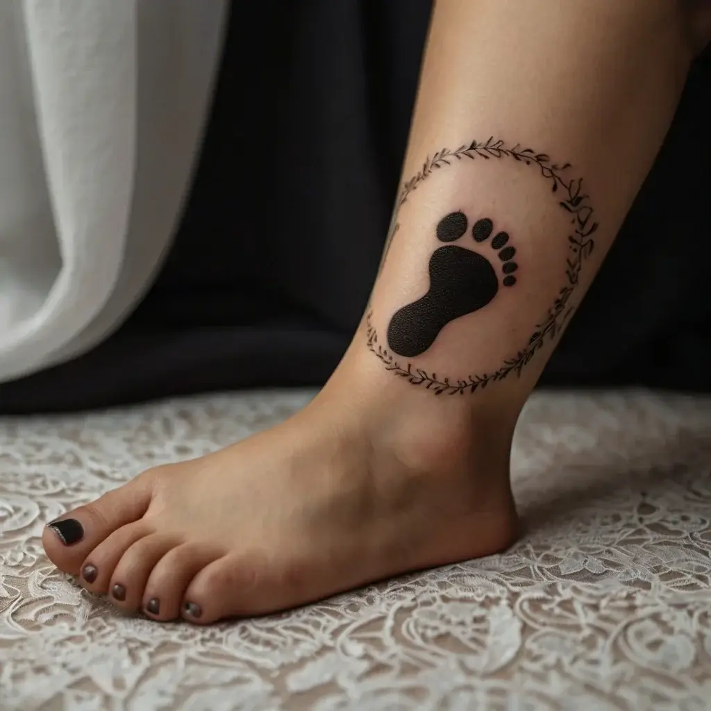 Simple black footprint tattoo surrounded by a delicate, circular vine design on the inner ankle.