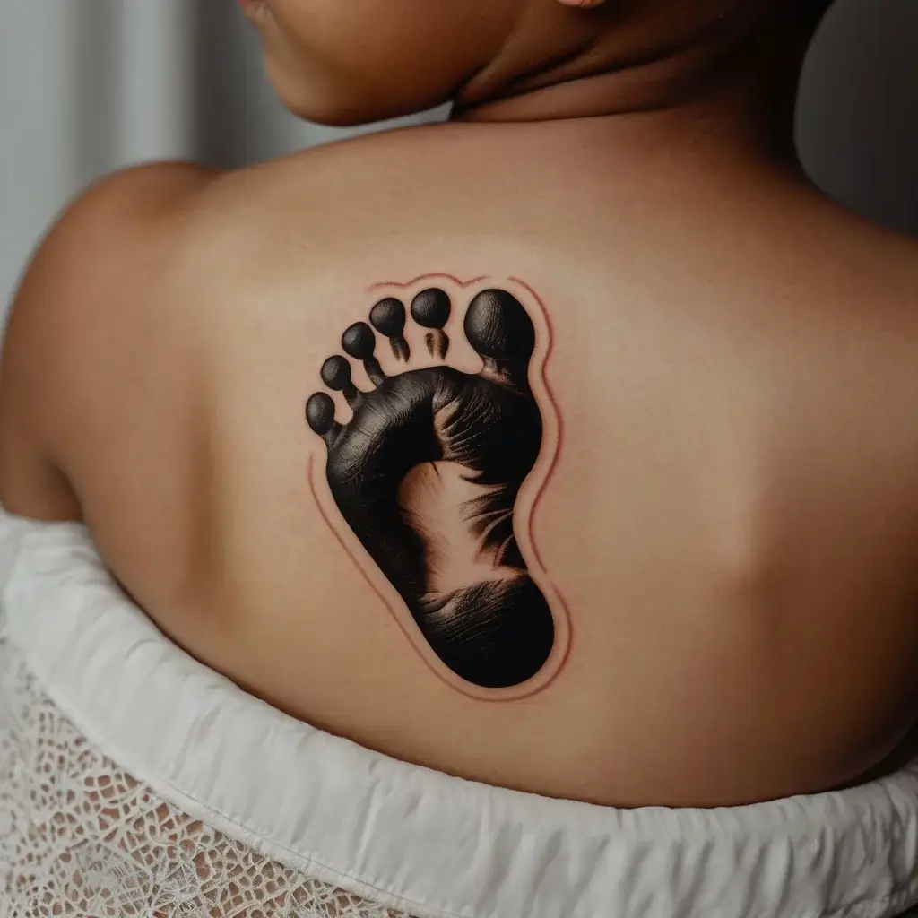 Realistic black baby footprint tattoo on a shoulder, featuring detailed shading and a subtle red outline for depth.