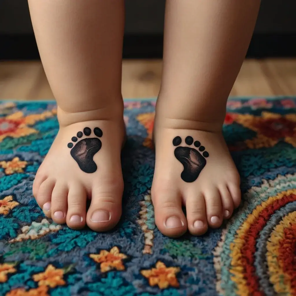 Cute footprints tattoo on child's feet; bold black ink contrasts with vibrant, colorful rug beneath.