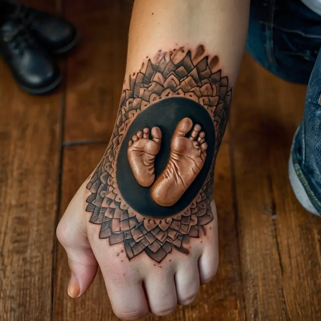 Tattoo of realistic baby footprints within an ornate mandala design on the hand, symbolizing new beginnings.