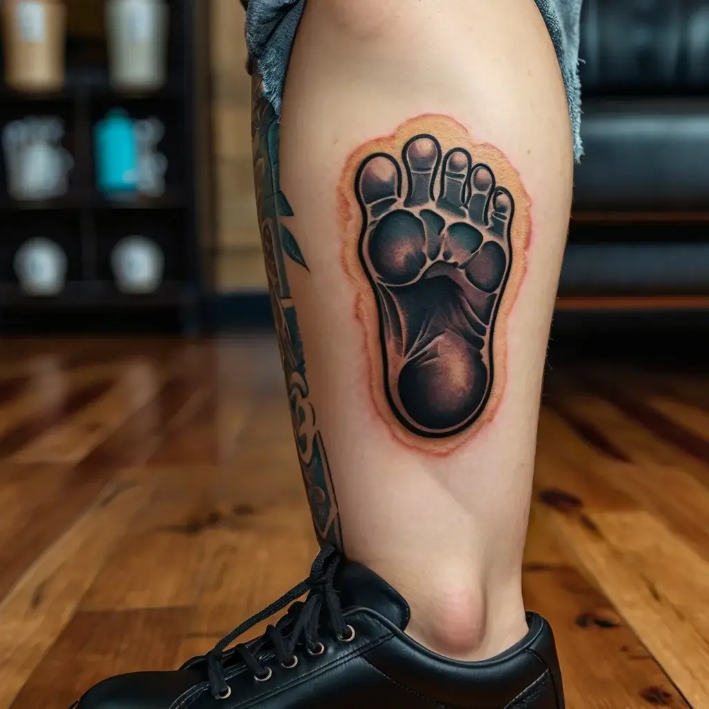 A realistic black and gray footprint tattoo on the lower leg, with intricate shading and a soft red outline.