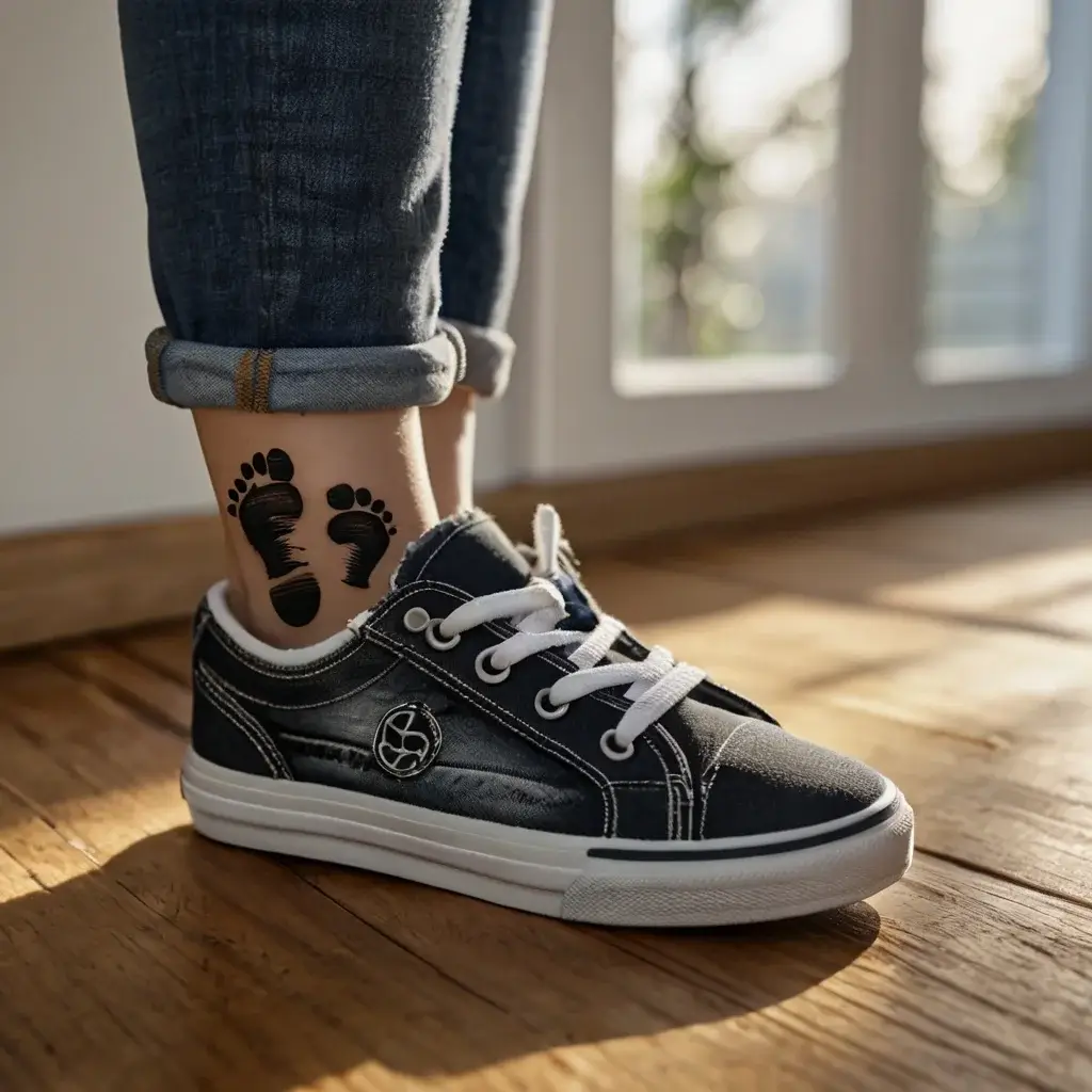 Tattoo of two black baby footprints on the ankle, symbolizing new beginnings and cherished memories.