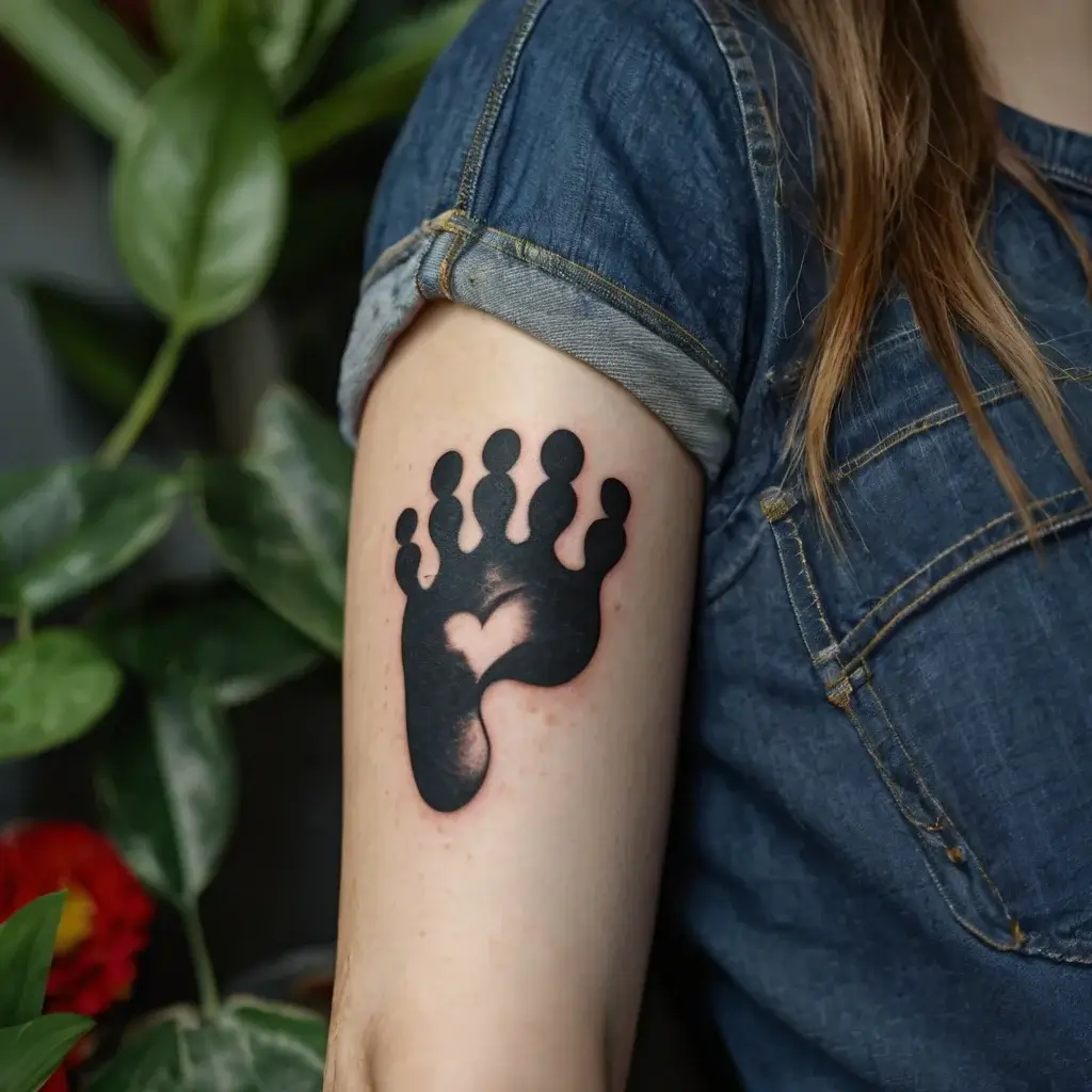 Black ink tattoo of a baby's footprint with a heart cutout on the heel.