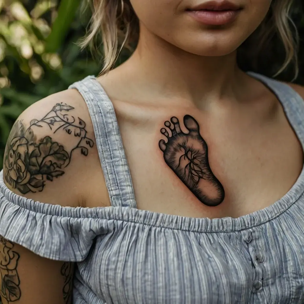 Tattoo of a black outline baby footprint on the chest with intricate vein-like details inside, symbolizing connection and roots.