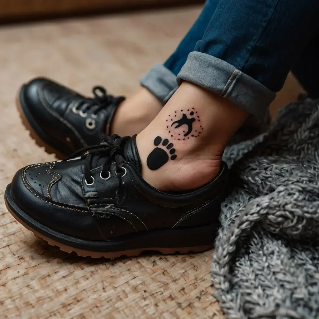 Tattoo of a small black paw print and a flying bird silhouette with dotted circle accents on the ankle.