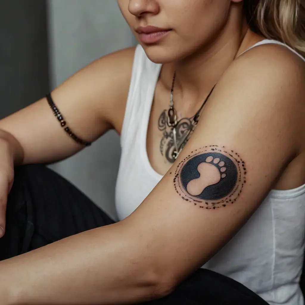 A circular tattoo with a small footprint in the center, dotted accents around, symbolizing growth or journey.