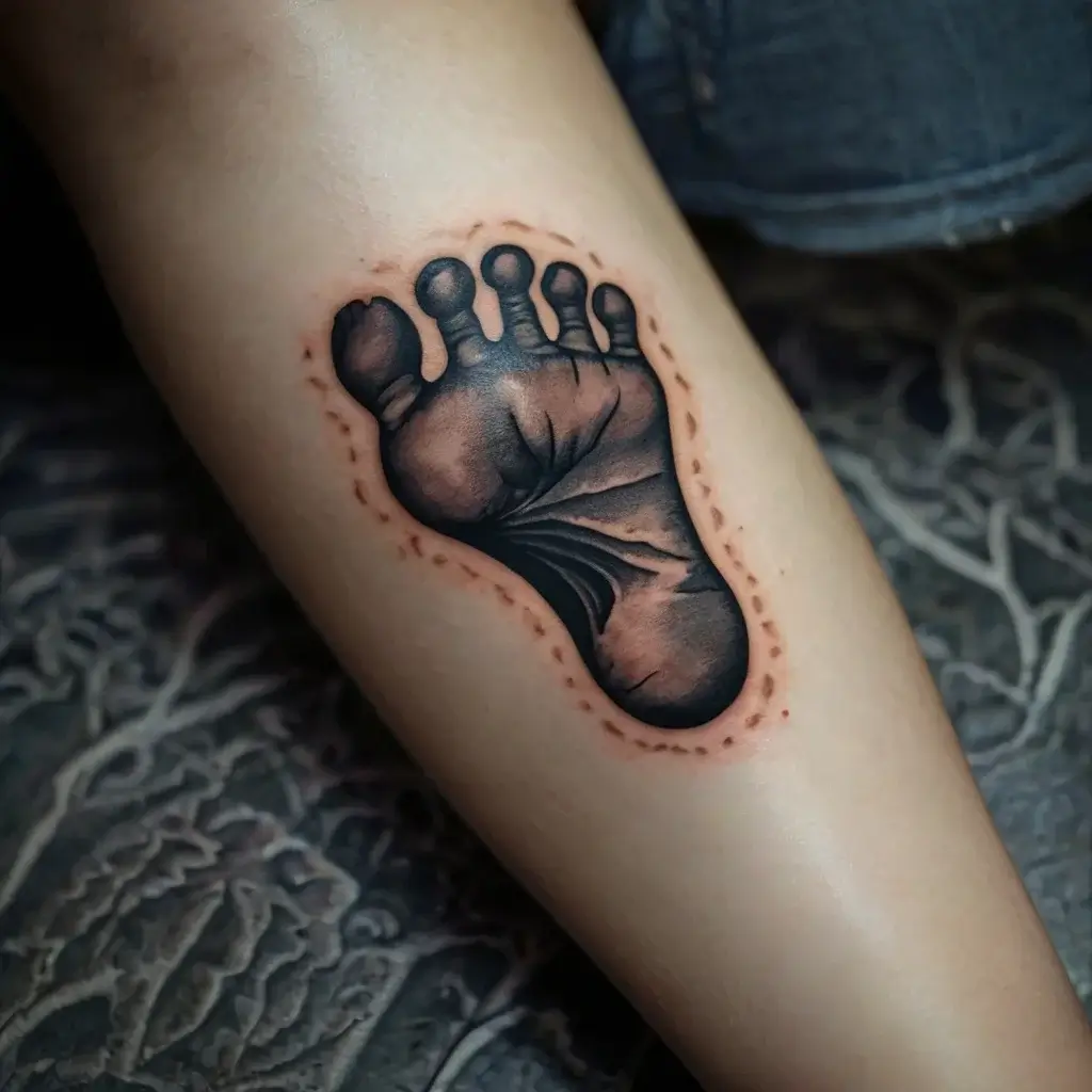 Realistic black and grey baby footprint tattoo on calf, detailed with fine shading and subtle 3D effect.