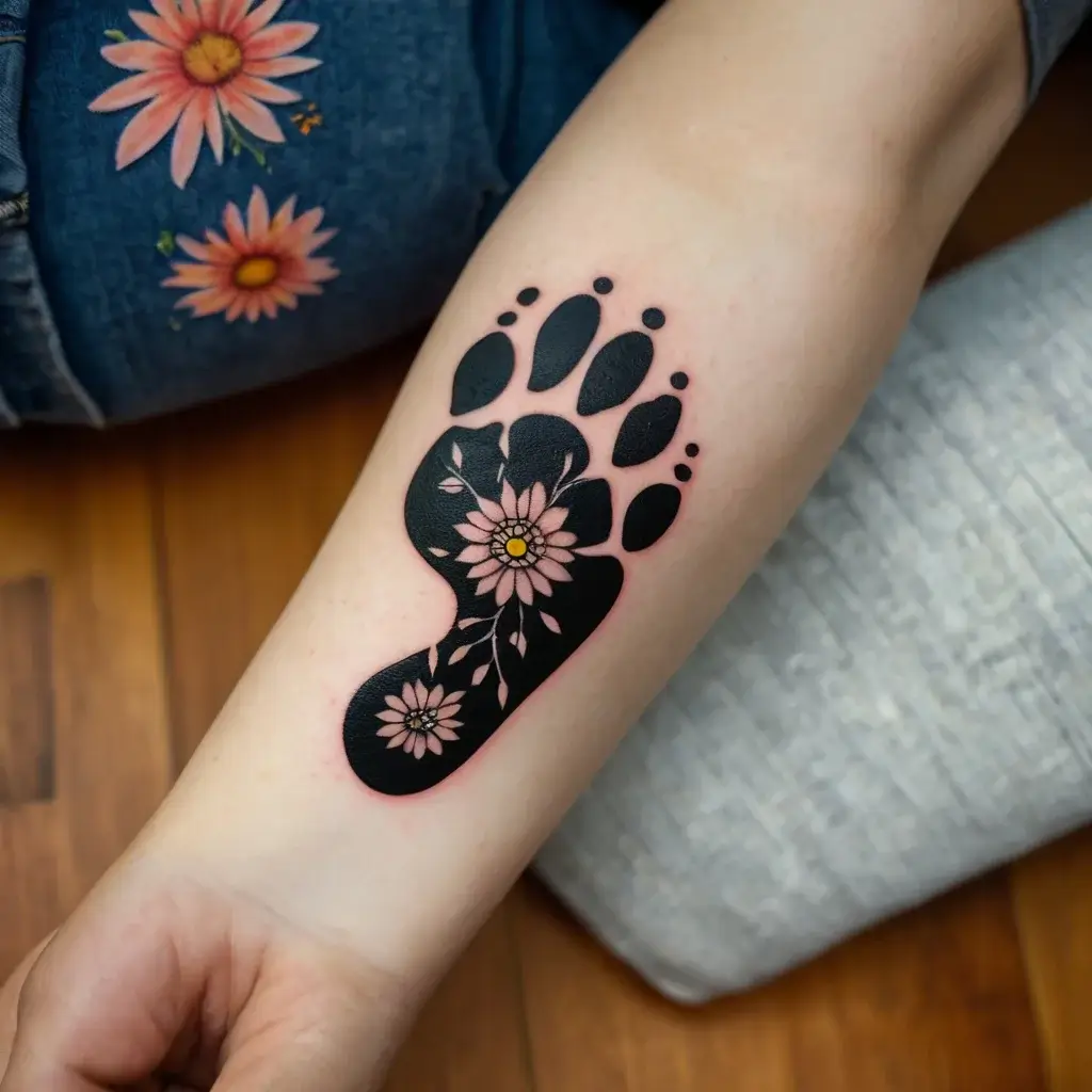 Tattoo of a black bear paw with intricate flowers inside on an arm, merging nature and strength visually.