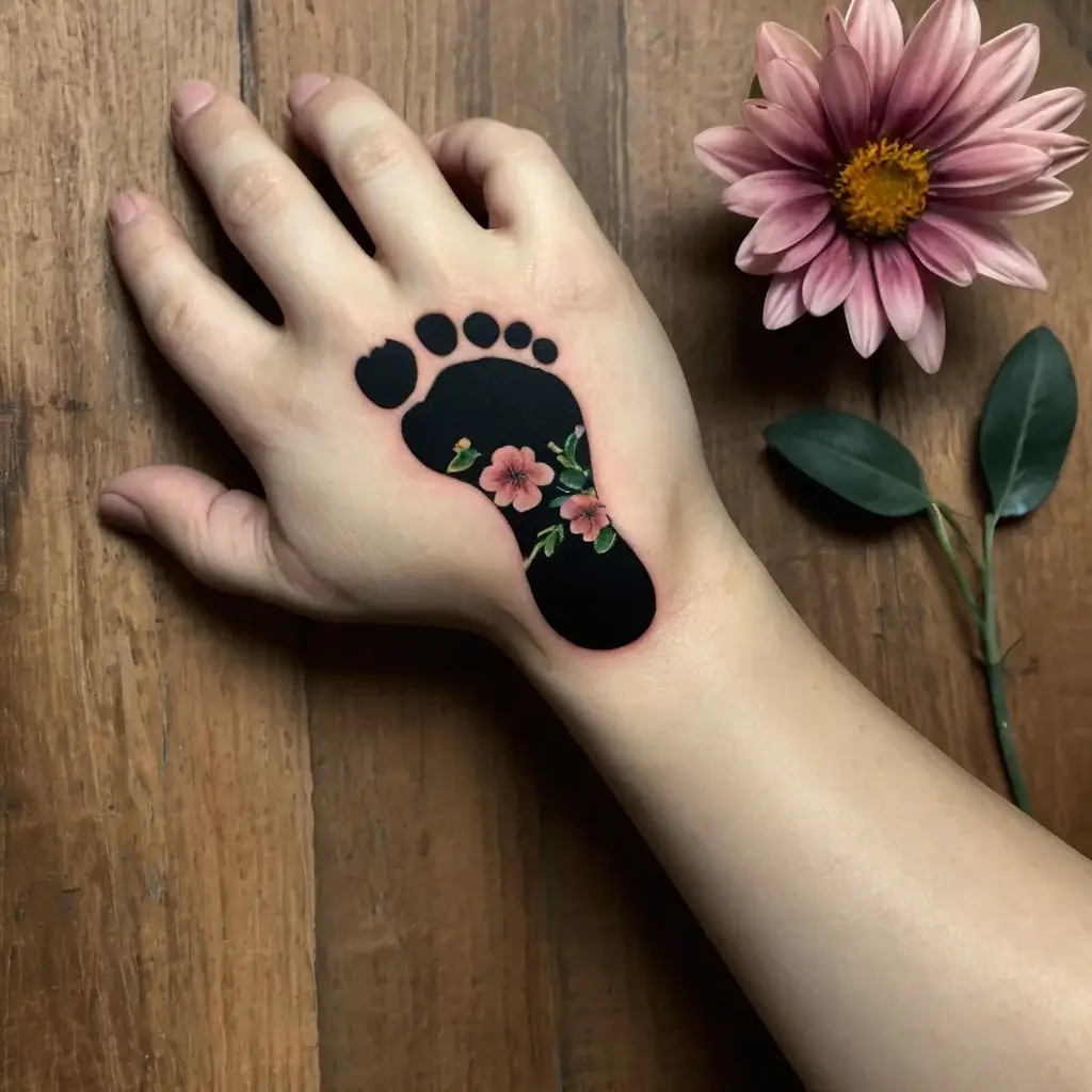 Black footprint tattoo with pink flowers on a hand, blending nature and bold design elements for striking contrast.