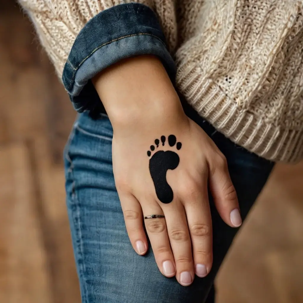 Tattoo of a bold black baby footprint on the back of a hand, symbolizing love, innocence, or a child's memory.