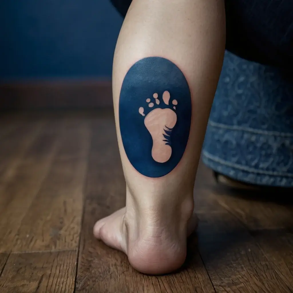 Tattoo of a pink footprint within a bold dark blue oval on the calf; symbolizes a memorable impression or personal journey.