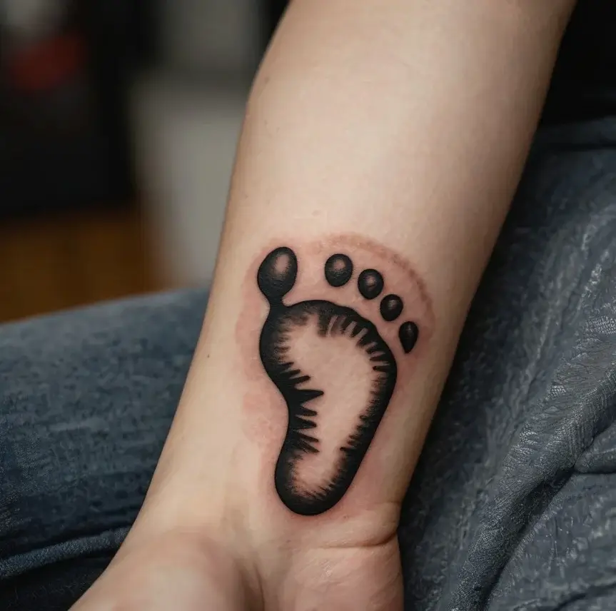 A black ink tattoo of an infant's footprint on the inner forearm, symbolizing innocence and new beginnings.