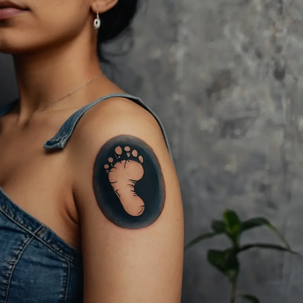 Tattoo of a baby footprint in negative space on the upper arm, encircled by a dark shaded oval design.