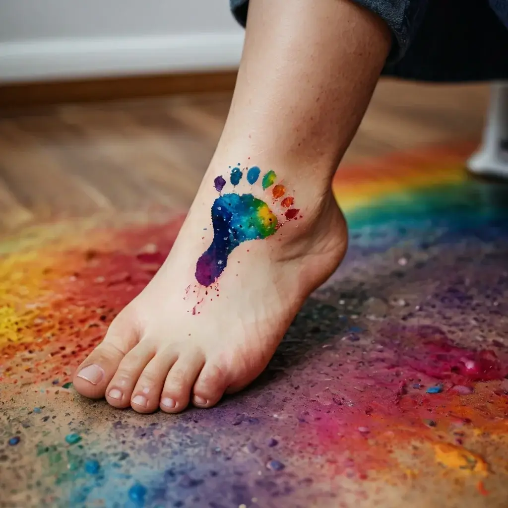 Colorful watercolor footprint tattoo on foot, featuring vibrant hues blending seamlessly for an artistic expression.