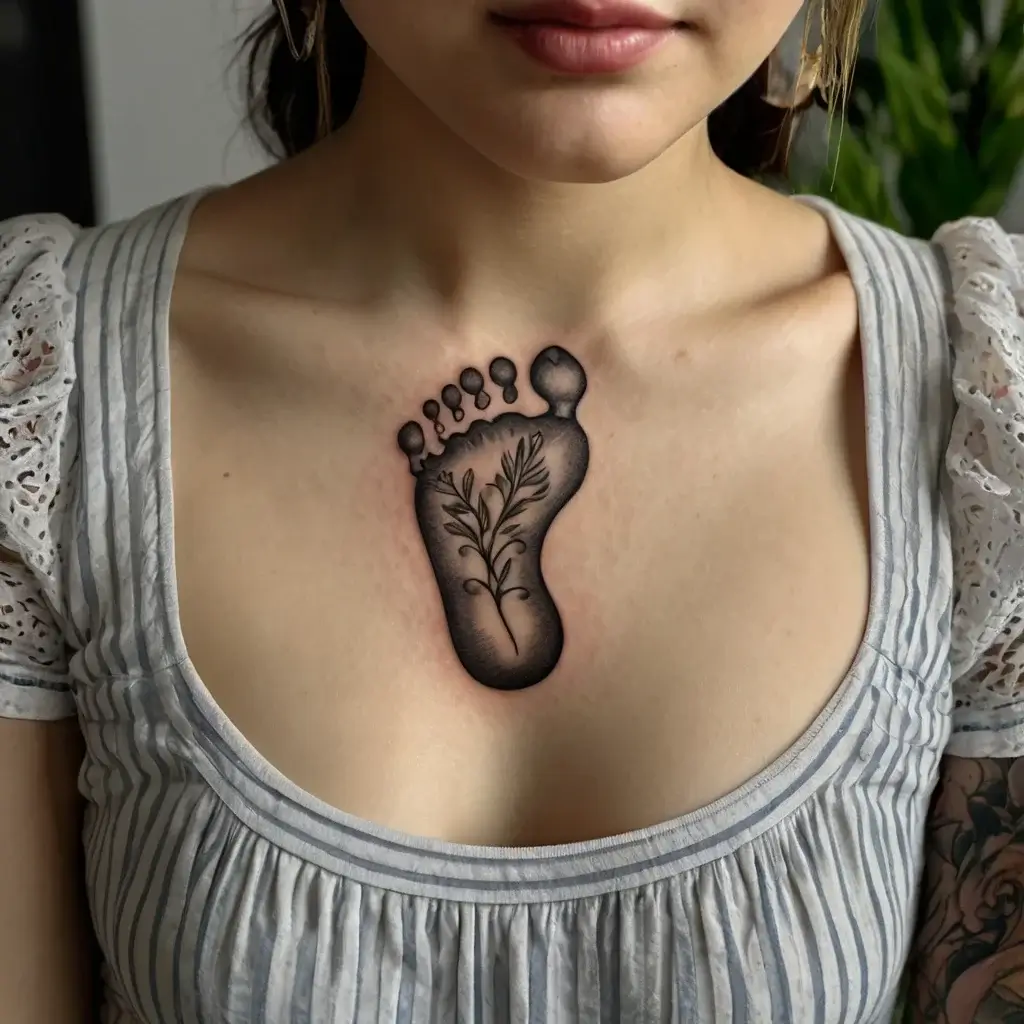 Tattoo of a realistic black ink footprint with a delicate botanical pattern on the chest, symbolizing growth and journey.