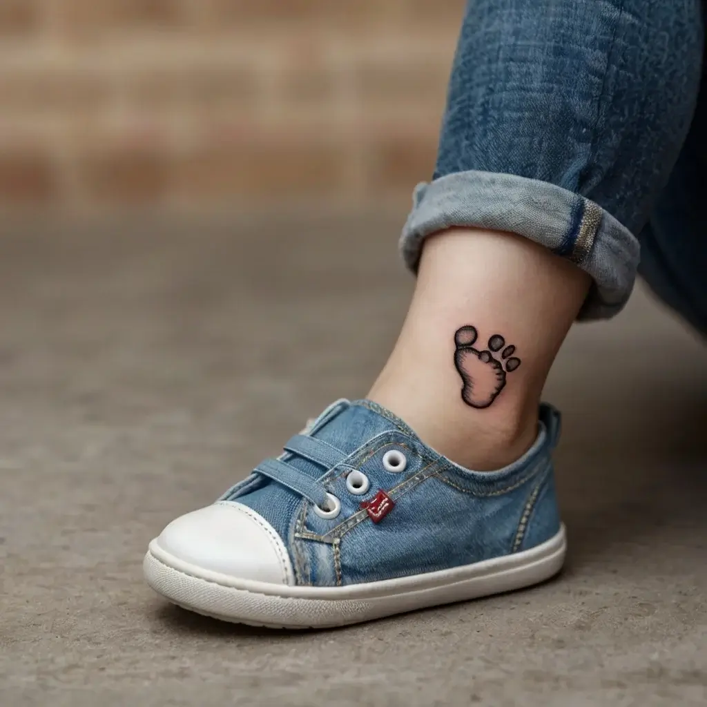 Minimalistic baby footprint tattoo on the ankle, symbolizing new beginnings and cherished memories.