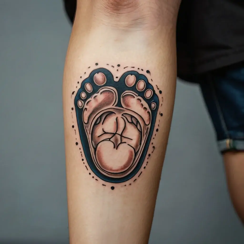 Realistic tattoo of a fetal heart framed by baby footprints, symbolizing life and new beginnings on the calf.