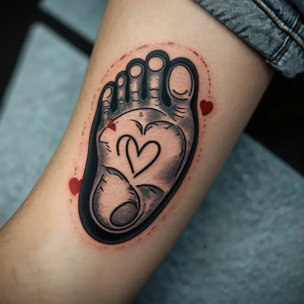 Tattoo of a baby footprint with a heart outline in the sole, surrounded by small red hearts on the skin.