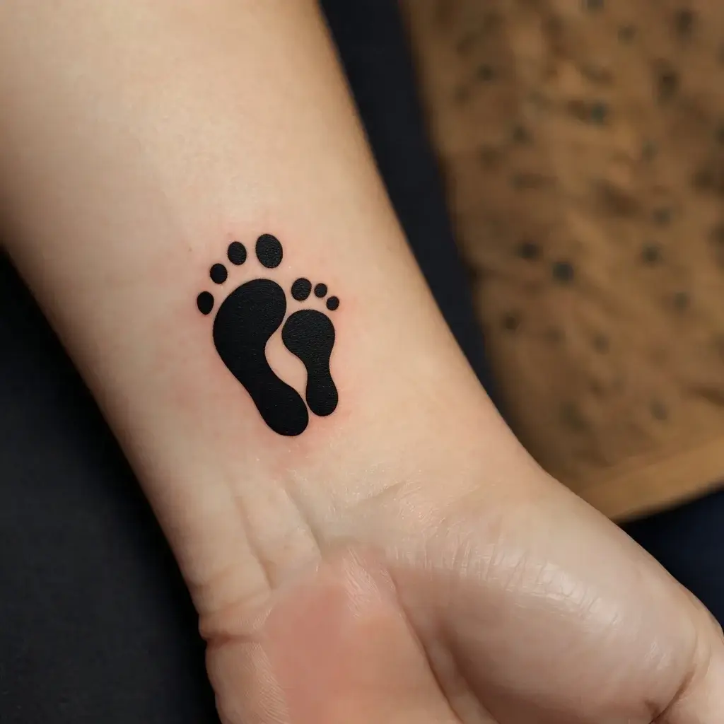 Tattoo of two black footprints, symbolizing parent-child bond, detailed on the inner wrist for a personal touch.