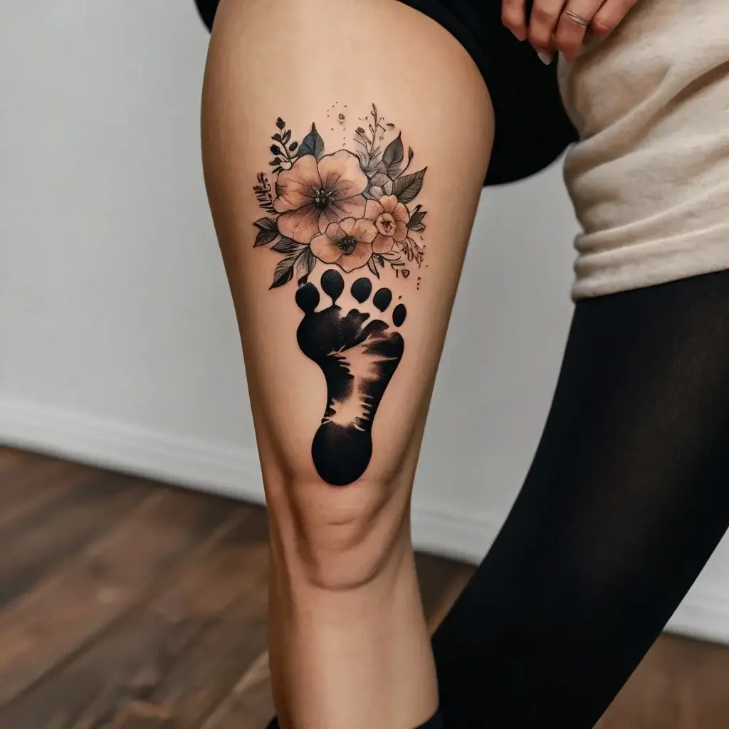 A realistic black footprint tattoo surrounded by detailed floral designs with leaves and petals on a person's thigh.