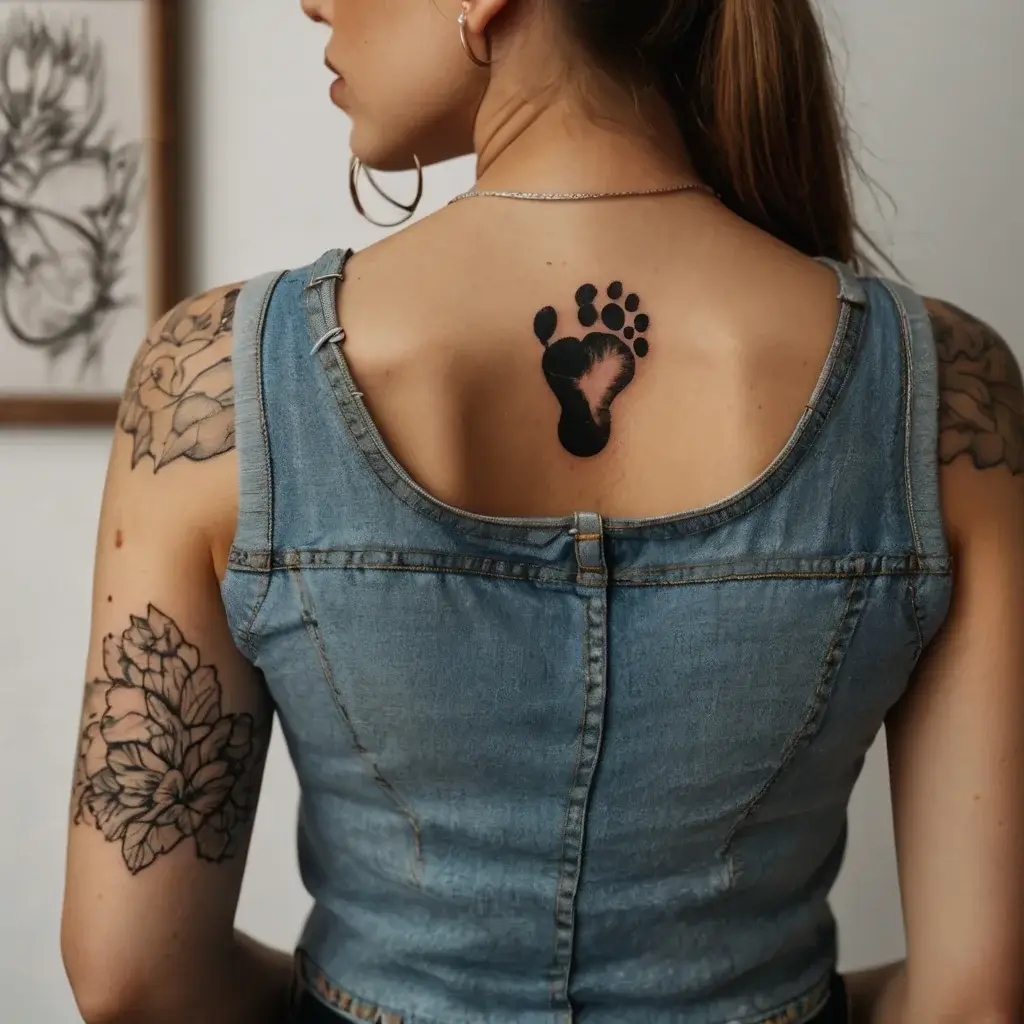 Tattoo of a black baby footprint on upper back, surrounded by detailed floral designs on the arms.