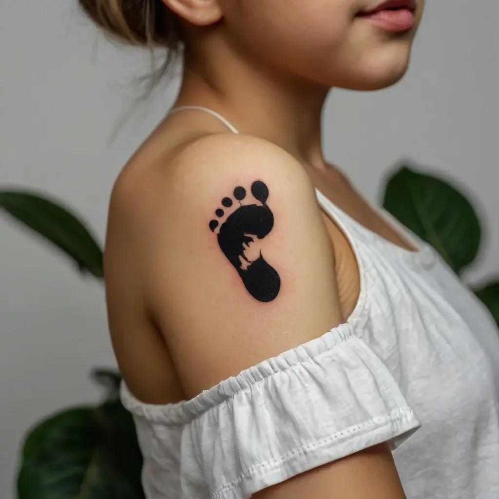 Tattoo of a black baby footprint on a shoulder, symbolizing innocence and new beginnings on the woman's skin.