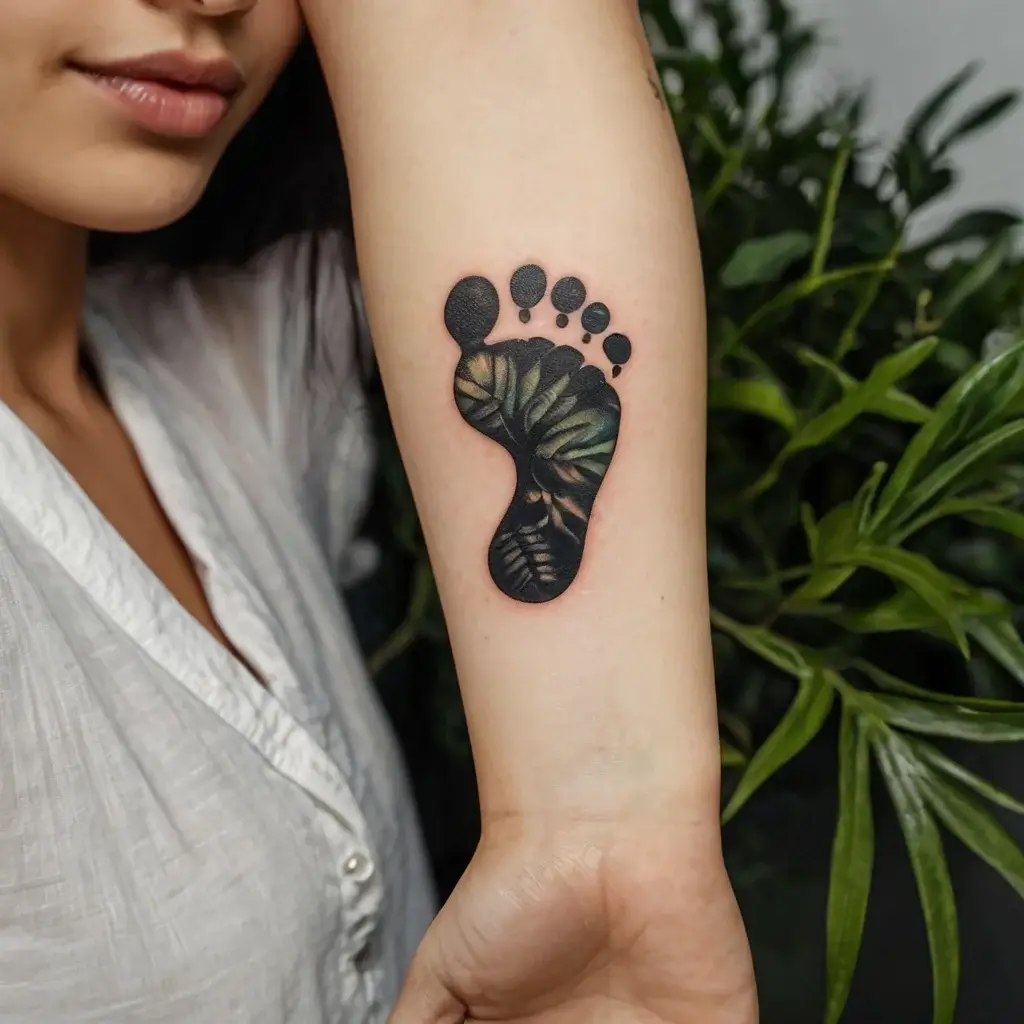 Tattoo of a footprint on forearm, filled with intricate green leaves, symbolizing connection to nature.