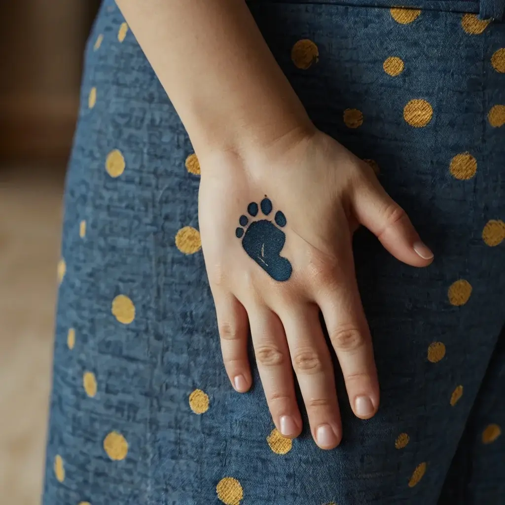 Tattoo of a small black bear paw print on the back of a hand, symbolizing strength and guidance.