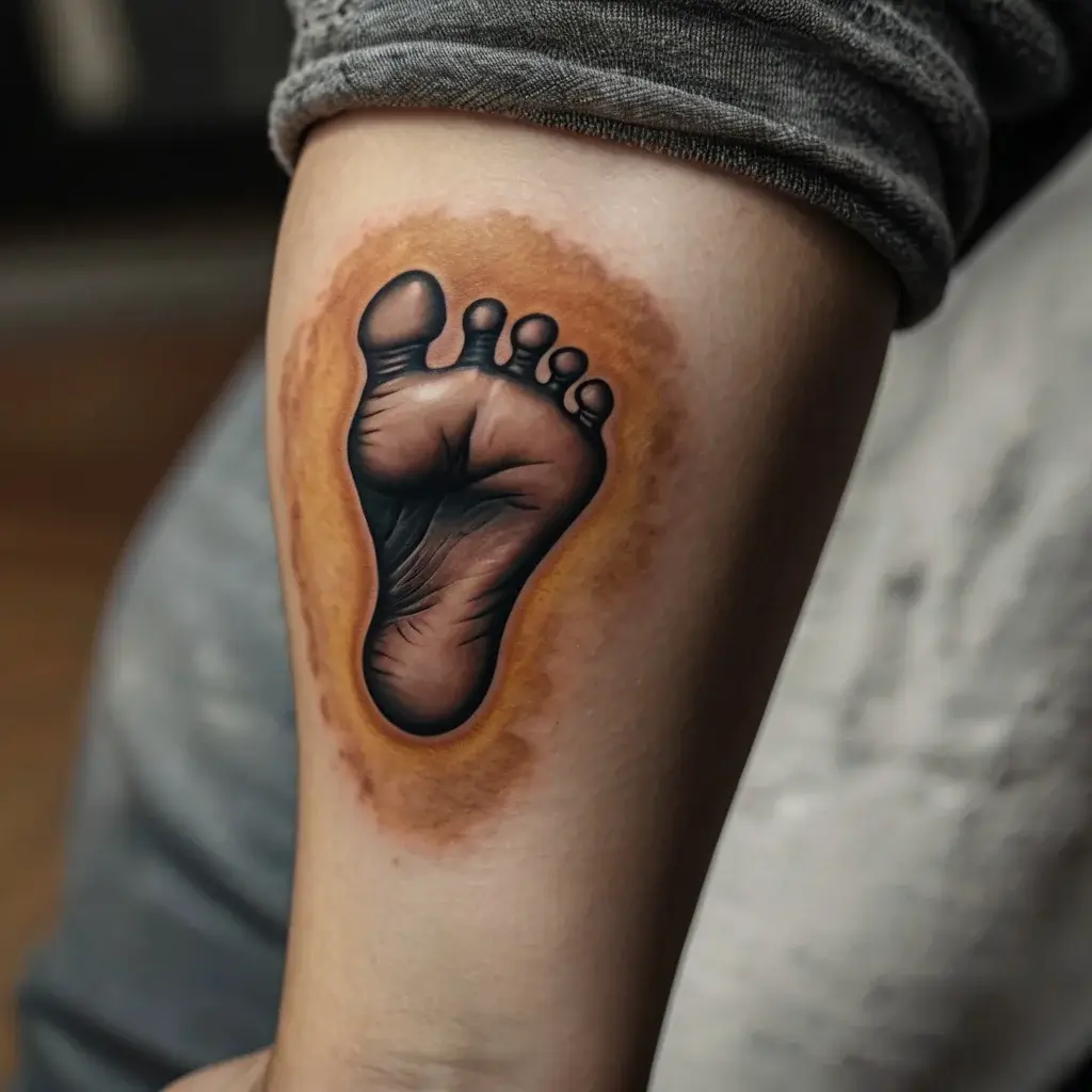 Realistic footprint tattoo in black and gray with lifelike texture, encircled by a soft halo on the forearm.