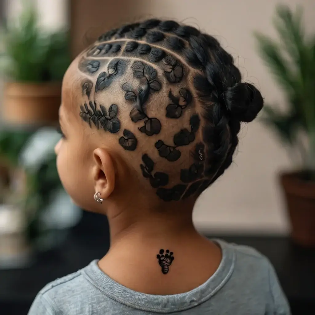 Intricate floral tattoo design covering the scalp with braids, and a small tribal symbol at the nape of the neck.