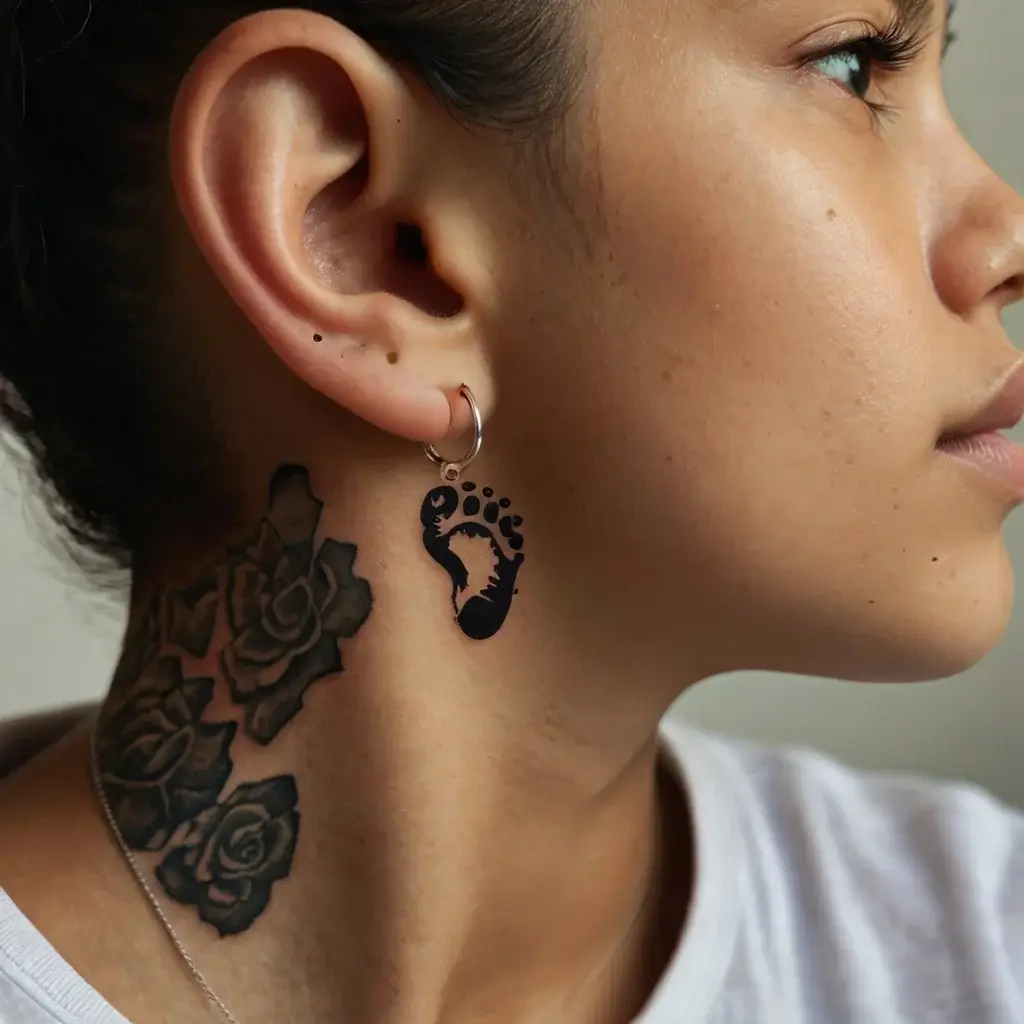 Neck tattoo of detailed black roses symbolizing beauty and strength, placed elegantly behind the ear.