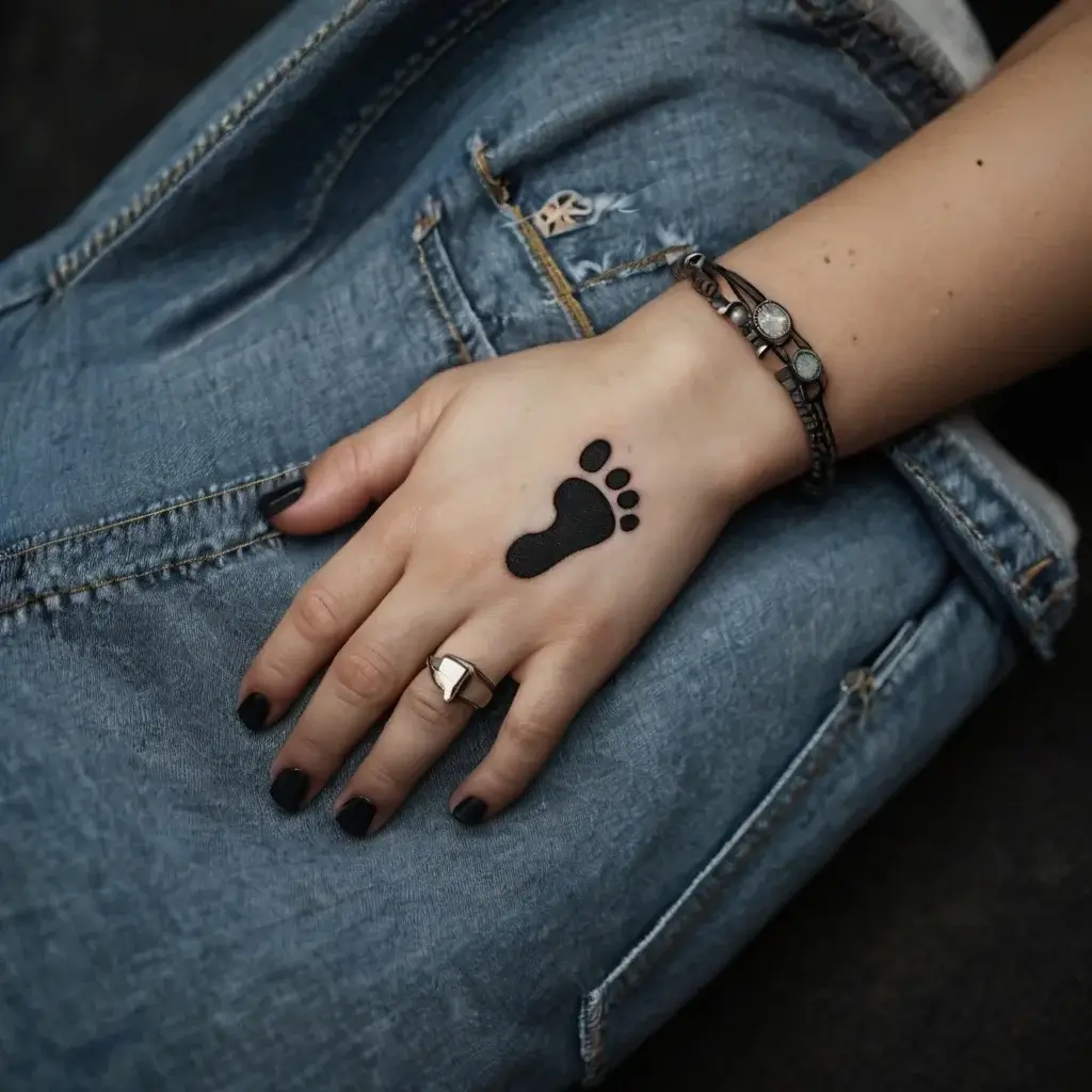 Black silhouette of a small footprint tattoo on the hand, symbolizing innocence or a personal journey.