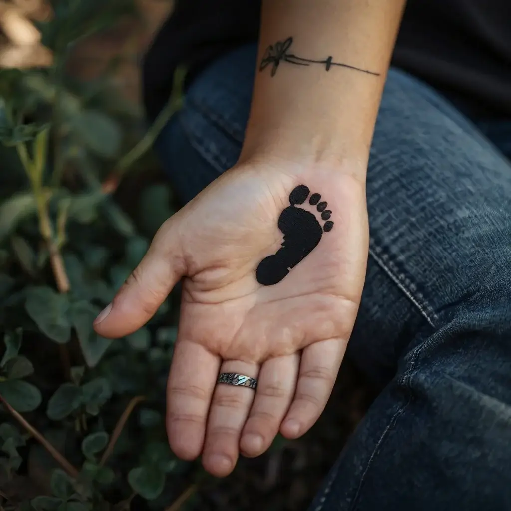 Palm tattoo of a bold black baby footprint, symbolizing a cherished memory, with a minimalist arm tattoo featuring a leaf.