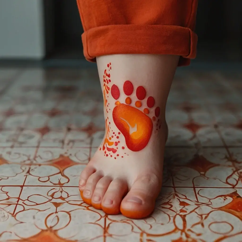 Vibrant orange and red footprint tattoo on the ankle, surrounded by abstract dots and lines, evoking warmth and movement.