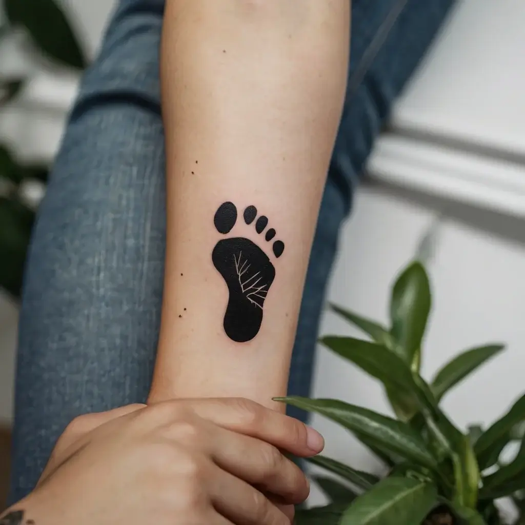 Tattoo of a solid black footprint with thin white branch-like lines on the sole, symbolizing growth or nature.