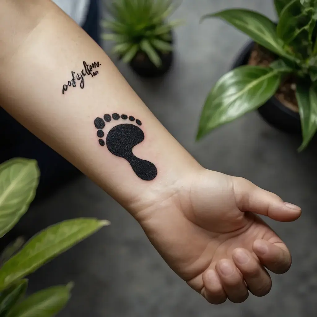 A black baby footprint tattoo is accompanied by name text in cursive on the forearm, symbolizing new life or a loved one.