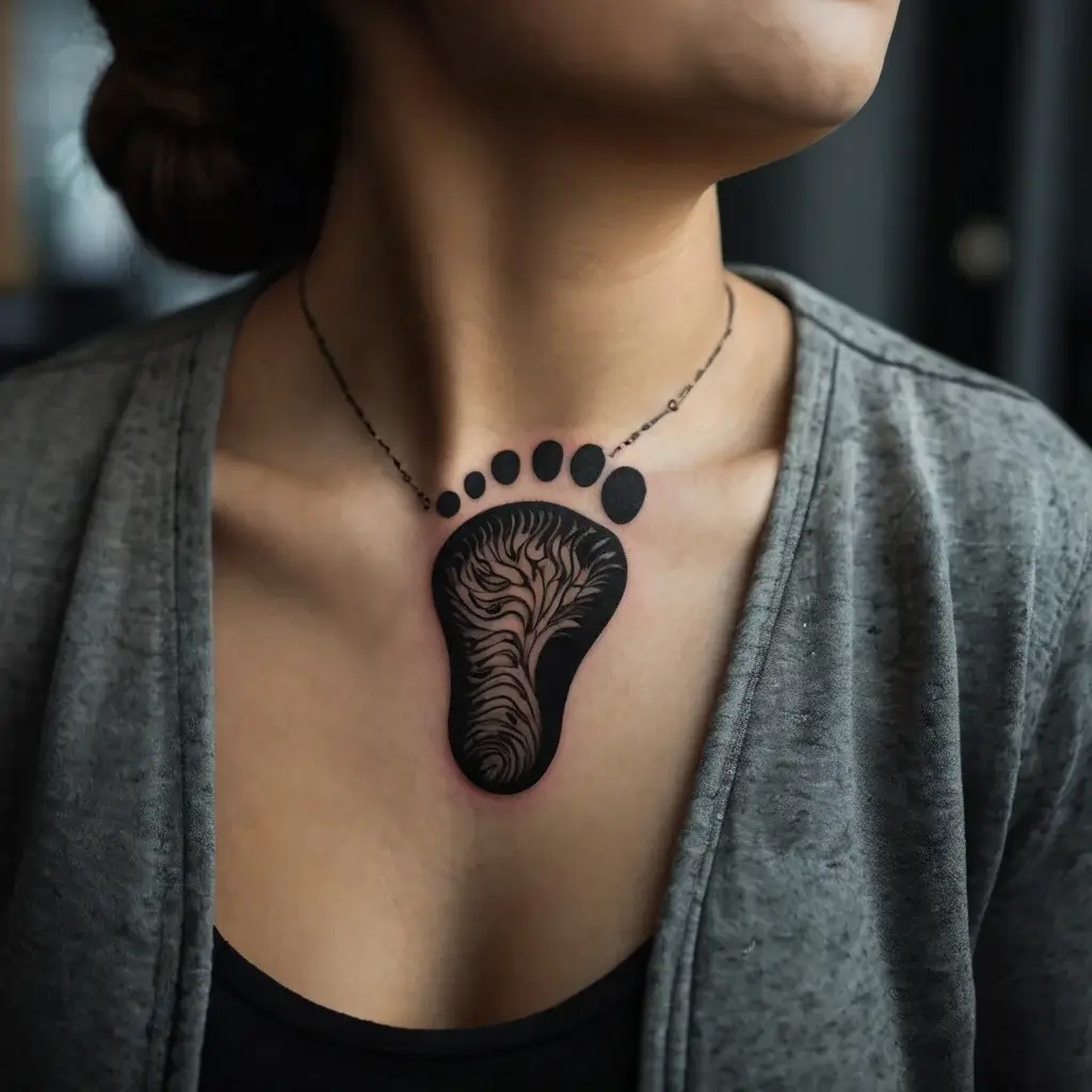 Tattoo of a detailed black footprint on the chest with intricate line patterns inside, symbolizing personal journey.