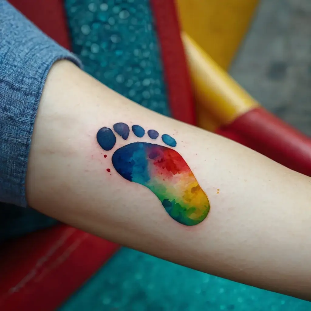 Watercolor footprint tattoo in vibrant rainbow hues on the arm, symbolizing creativity and life's journey.