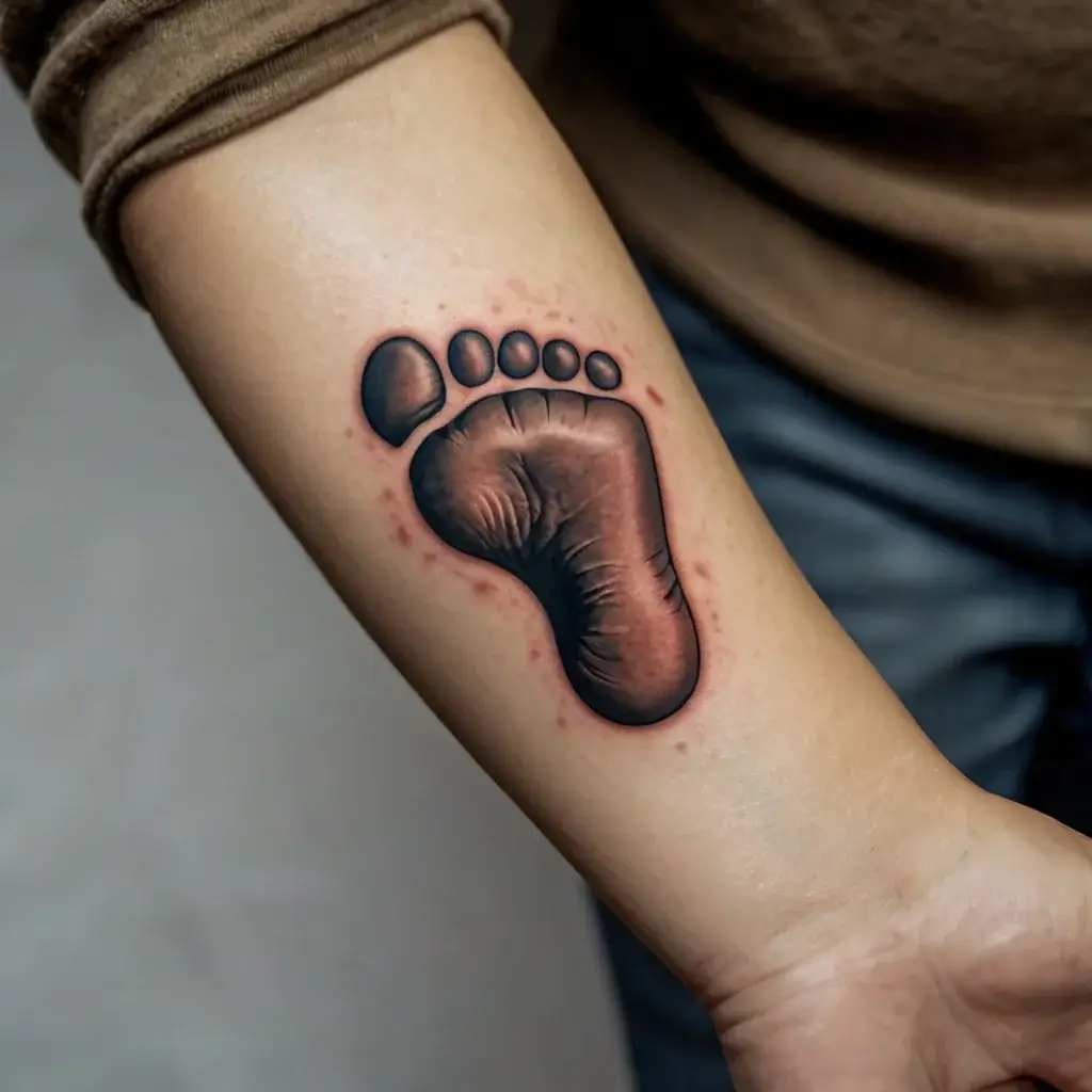 Realistic baby footprint tattoo on forearm, shaded in black and gray with red highlights for depth and contrast.