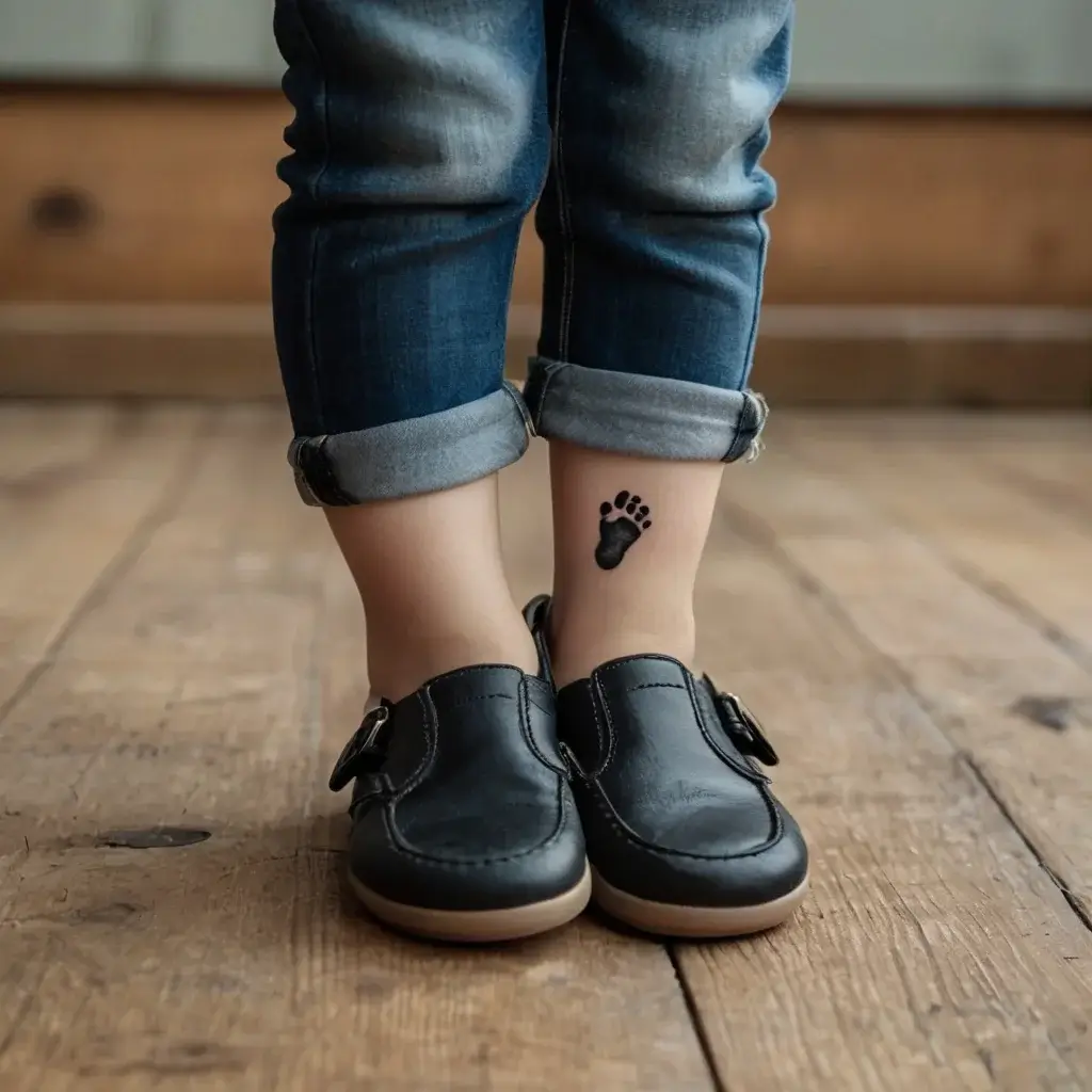 Tattoo of a small black footprint on the ankle, symbolizing innocence or a personal journey, set against rolled-up jeans.