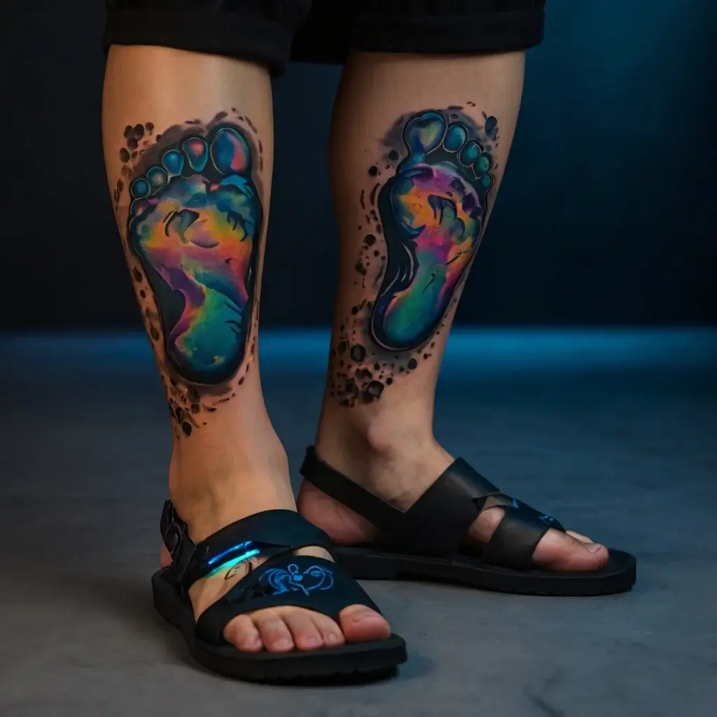 Vibrant watercolor foot tattoos on the calves with black splatter effect, showcasing a blend of blue, green, and yellow hues.