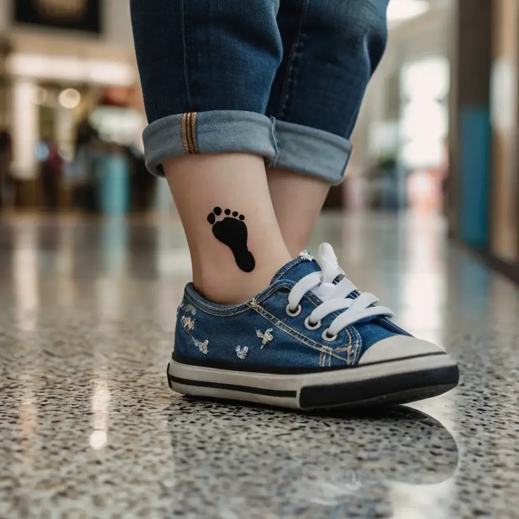 Tattoo of a small black footprint on the ankle, symbolizing a child's step, seen above denim jeans and sneakers.