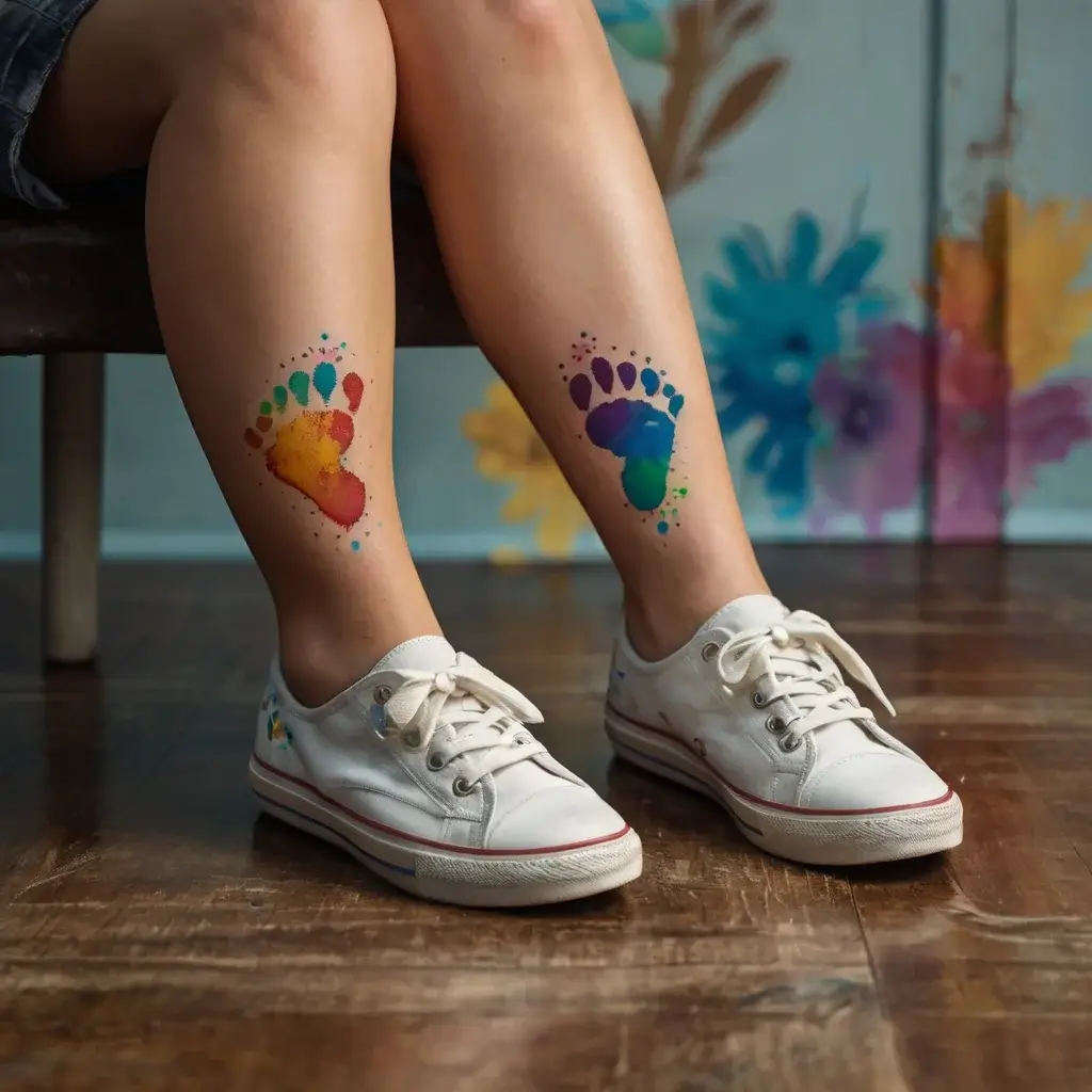 Colorful footprint tattoos on calves, with a watercolor effect in hues of red, orange, green, blue, and purple.