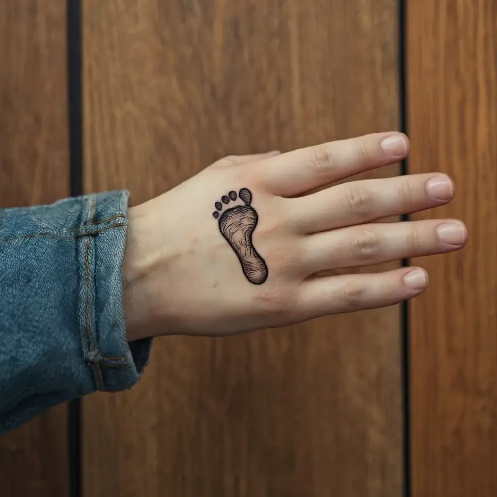 Tattoo of a detailed black-ink baby footprint on the hand, symbolizing innocence and new beginnings.