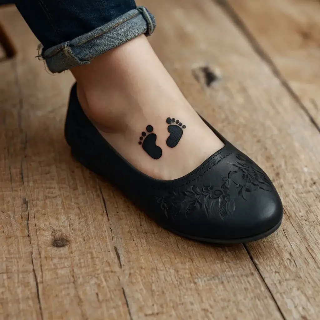 Tattoo of small, solid black baby footprints on the top of the foot, symbolizing innocence and new beginnings.