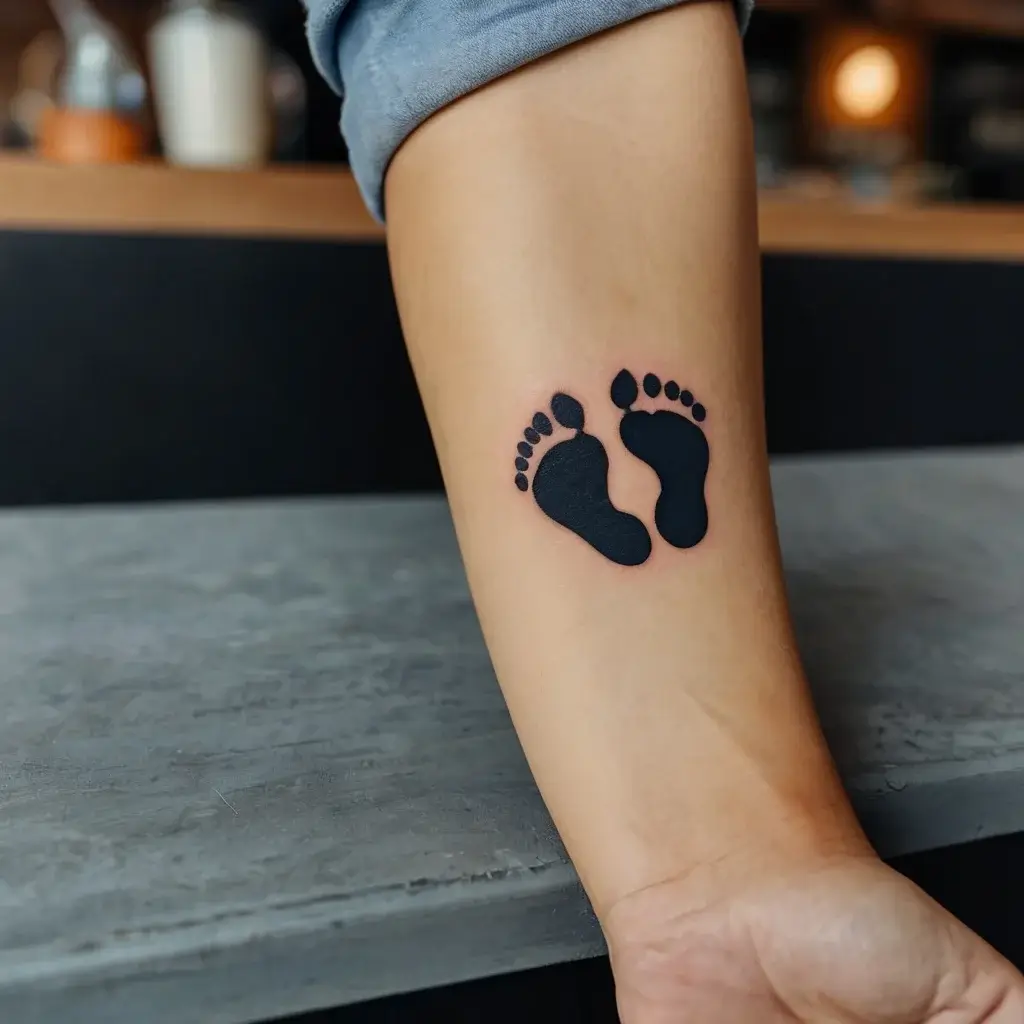 Tattoo of black baby footprints on the forearm, symbolizing a new beginning or affection for a child.