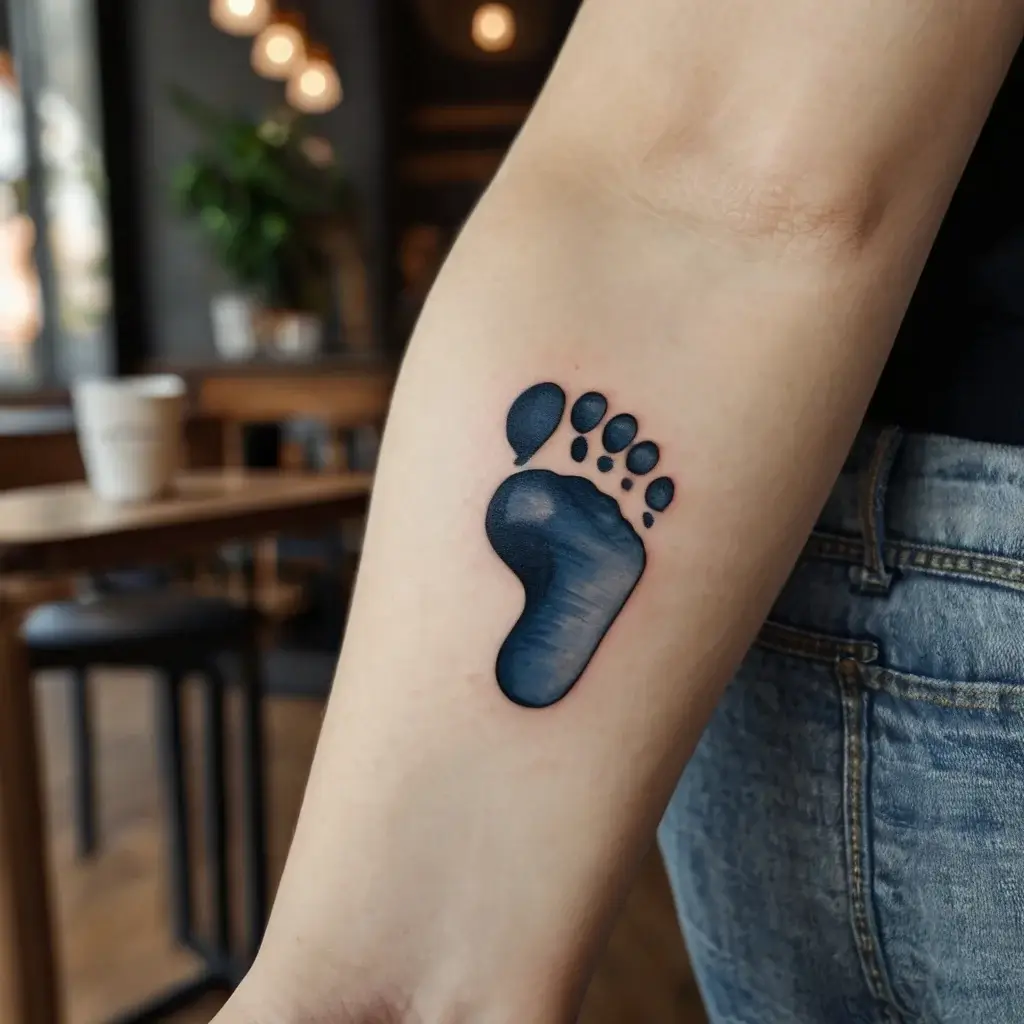 A black and blue watercolor-style baby footprint tattoo on the forearm, symbolizing new beginnings and precious memories.