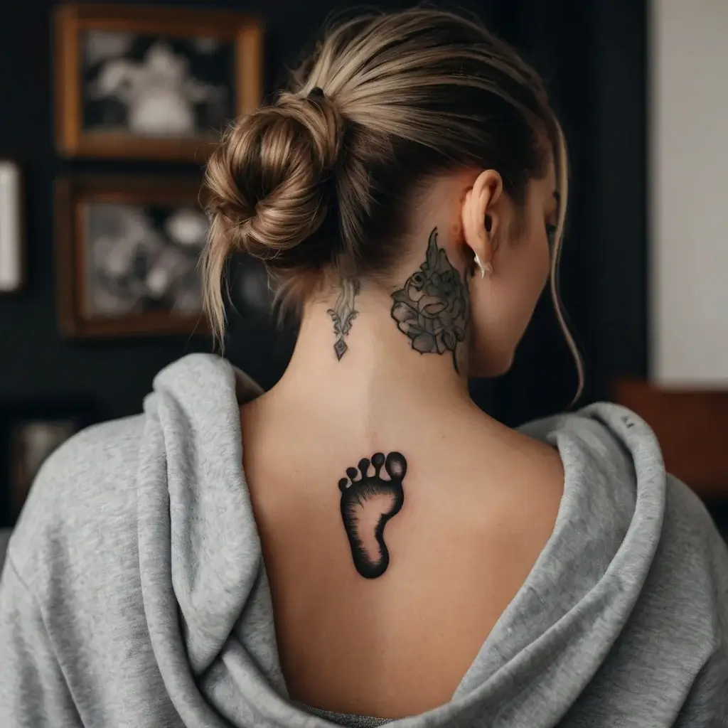 Tattoo of a black ink baby footprint on the upper back, with floral and geometric designs on the neck.