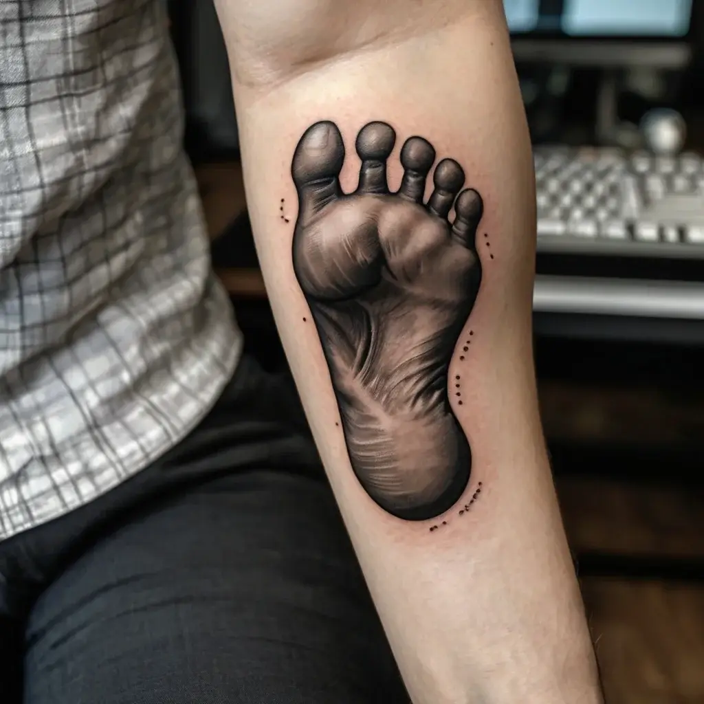 Tattoo of a realistic baby footprint in grayscale, detailed with shaded textures and tiny dot accents on the forearm.